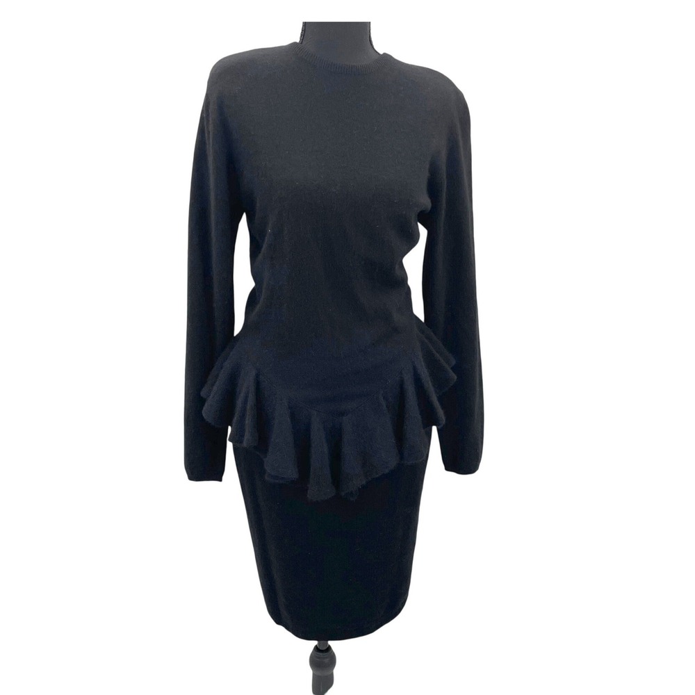 Vintage Ambria Black Long Sleeve Peplum Sweater Dress 10M Lambswool Angora Blend